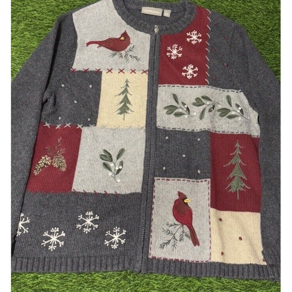 Croft & Barrow Cardinal Sweater Size Large Patchwork Zip Up Winter‎ Holiday